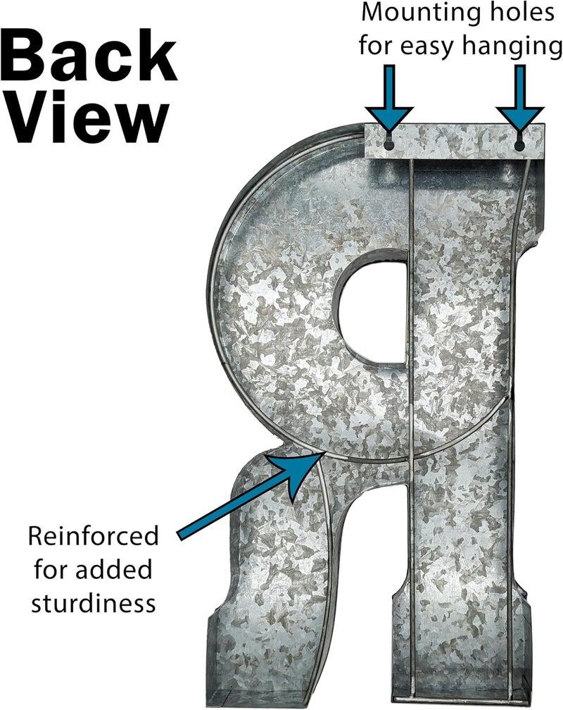 Science Purchase 20" Metal Letter R Wall Decor, Silver with Rusted Edges, Galvanized Wall Mountable Decoration for Country, Mid-Century, or Farmhouse Themed Room or Event - Image 3